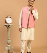 Men'S Pink And Cream Cotton Blend Jacket, Kurta And Pyjama Set