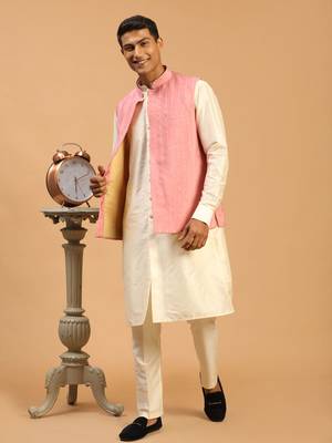 Men'S Pink And Cream Cotton Blend Jacket, Kurta And Pyjama Set 2
