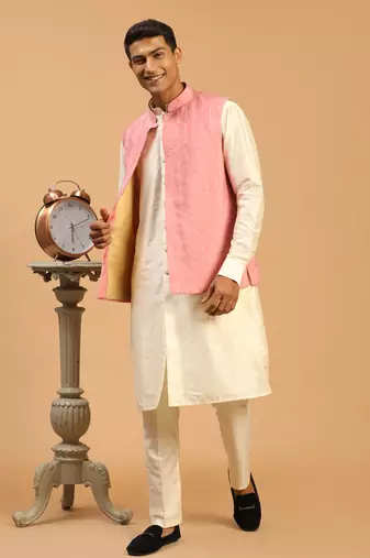 Men'S Pink And Cream Cotton Blend Jacket, Kurta And Pyjama Set