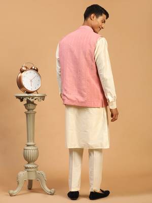 Men'S Pink And Cream Cotton Blend Jacket, Kurta And Pyjama Set 3