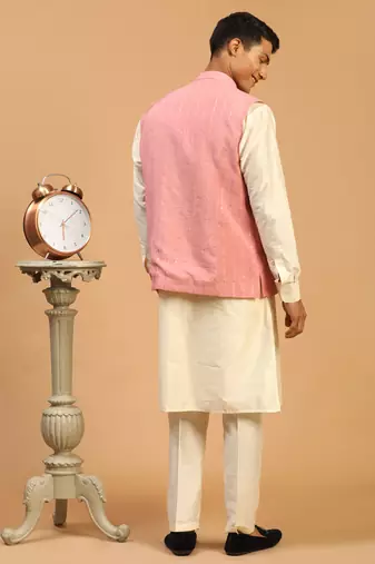 Men'S Pink And Cream Cotton Blend Jacket, Kurta And Pyjama Set