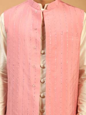 Men'S Pink And Cream Cotton Blend Jacket, Kurta And Pyjama Set 4