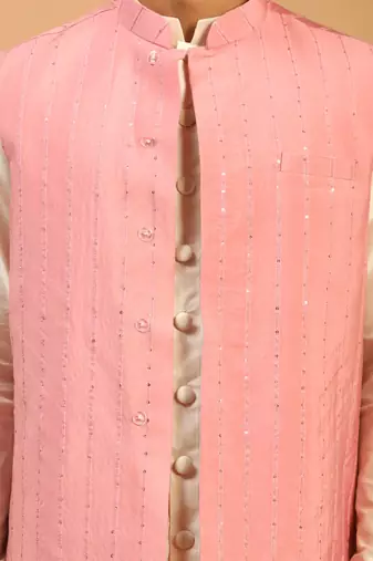 Men'S Pink And Cream Cotton Blend Jacket, Kurta And Pyjama Set