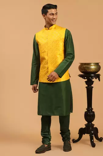 Green Silk Blend Jacket, Kurta And Pyjama Set