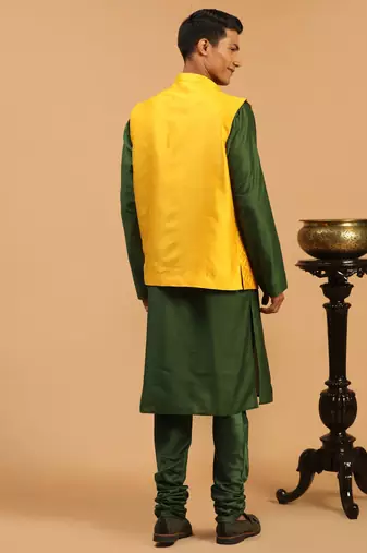Green Silk Blend Jacket, Kurta And Pyjama Set