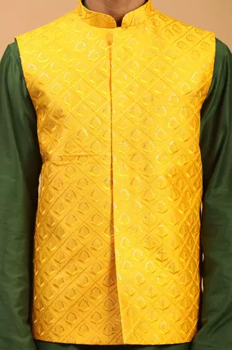 Green Silk Blend Jacket, Kurta And Pyjama Set