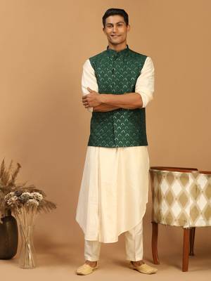 Cream And Green Cotton Blend Jacket, Kurta & Pyjama 1
