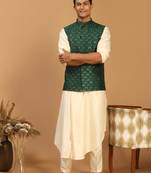 Cream And Green Cotton Blend Jacket, Kurta & Pyjama