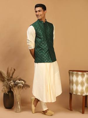 Cream And Green Cotton Blend Jacket, Kurta & Pyjama 2