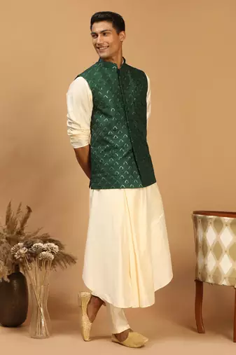 Cream And Green Cotton Blend Jacket, Kurta & Pyjama