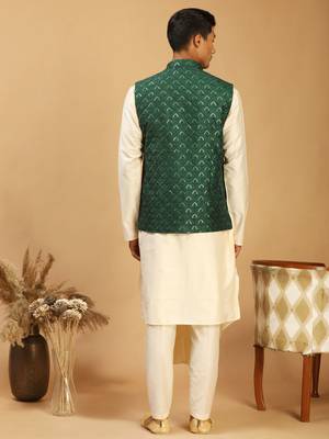Cream And Green Cotton Blend Jacket, Kurta & Pyjama 3