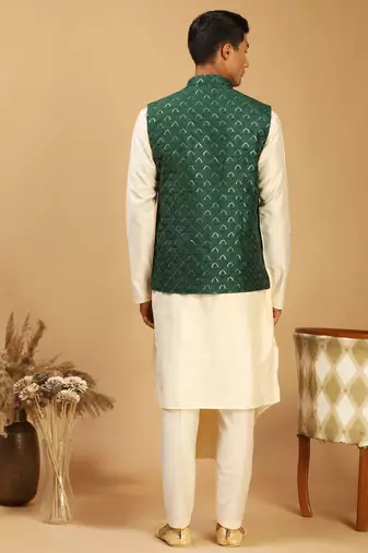 Cream And Green Cotton Blend Jacket, Kurta & Pyjama