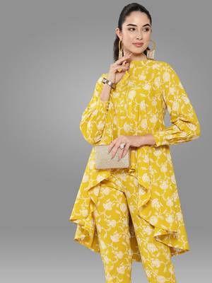 Janasya women's mustard cotton cambric floral print tunic with pant 3