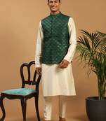 Cream Cotton Blend Jacket, Kurta & Pyjama