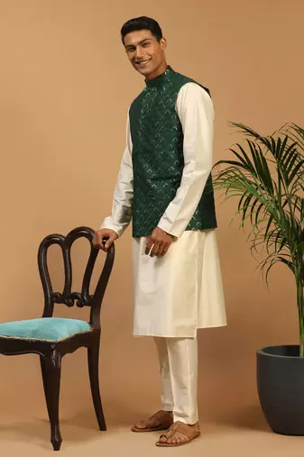 Cream Cotton Blend Jacket, Kurta & Pyjama