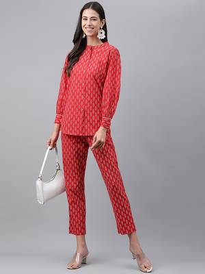 Janasya women's red cotton cambric ethnic motifs top with pant 1