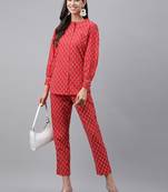 Janasya women's red cotton cambric ethnic motifs top with pant