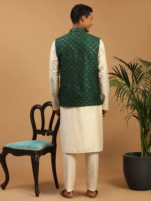 Cream Cotton Blend Jacket, Kurta & Pyjama 3