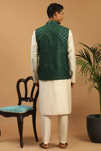 Cream Cotton Blend Jacket, Kurta & Pyjama