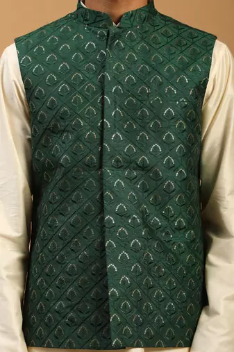 Cream Cotton Blend Jacket, Kurta & Pyjama