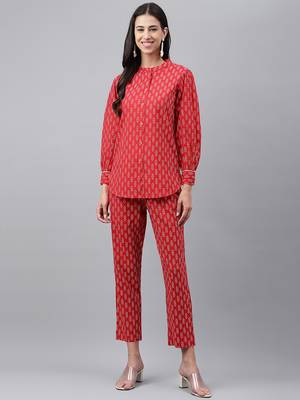 Janasya women's red cotton cambric ethnic motifs top with pant 3