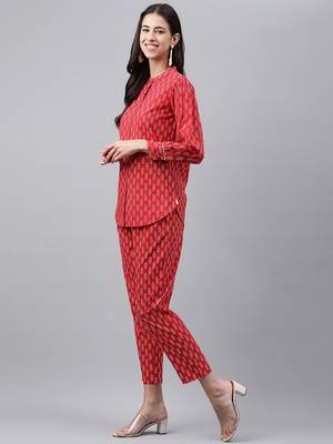 Janasya women's red cotton cambric ethnic motifs top with pant 4