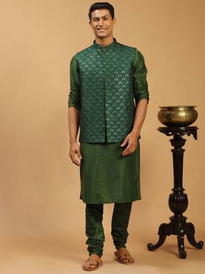 Green Silk Blend Jacket, Kurta & Pyjama 1