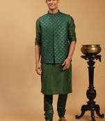 Green Silk Blend Jacket, Kurta & Pyjama
