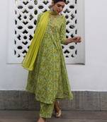 Janasya women's lime green georgette yoke embroidery anarkali kurta set
