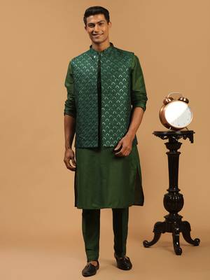Green Silk Blend Jacket, Kurta & Pyjama 1