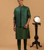 Green Silk Blend Jacket, Kurta & Pyjama