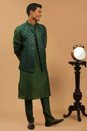 Green Silk Blend Jacket, Kurta & Pyjama
