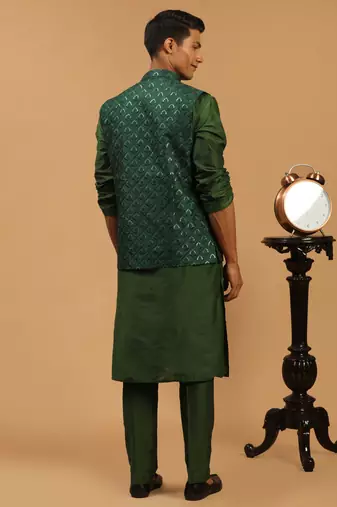 Green Silk Blend Jacket, Kurta & Pyjama