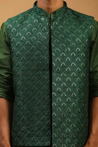 Green Silk Blend Jacket, Kurta & Pyjama