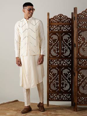 Cream Viscose Jacket, Kurta And Pyjama Set 1