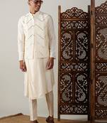 Cream Viscose Jacket, Kurta And Pyjama Set