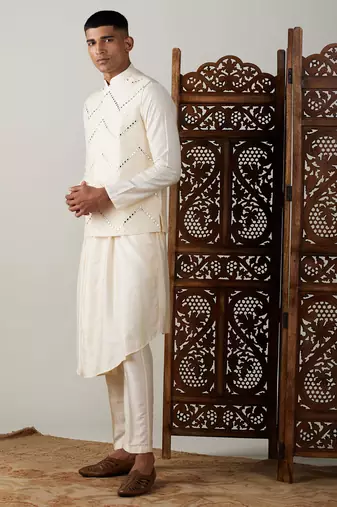 Cream Viscose Jacket, Kurta And Pyjama Set
