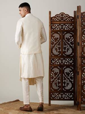 Cream Viscose Jacket, Kurta And Pyjama Set 3