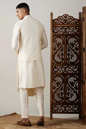 Cream Viscose Jacket, Kurta And Pyjama Set