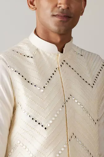 Cream Viscose Jacket, Kurta And Pyjama Set