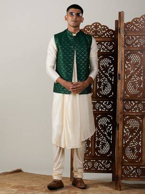 Cream And Green Cotton Blend Jacket, Kurta & Pyjama 1