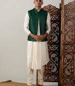 Cream And Green Cotton Blend Jacket, Kurta & Pyjama