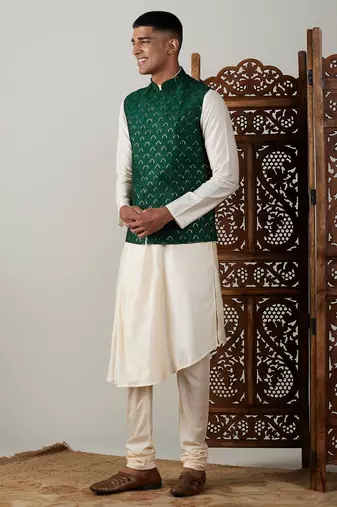Cream And Green Cotton Blend Jacket, Kurta & Pyjama