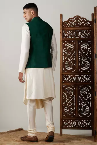 Cream And Green Cotton Blend Jacket, Kurta & Pyjama