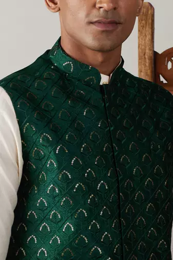 Cream And Green Cotton Blend Jacket, Kurta & Pyjama
