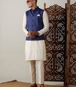 Blue And Cream Viscose Jacket, Kurta & Pyjama