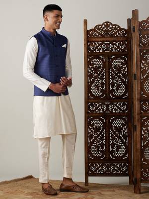 Blue And Cream Viscose Jacket, Kurta & Pyjama 2