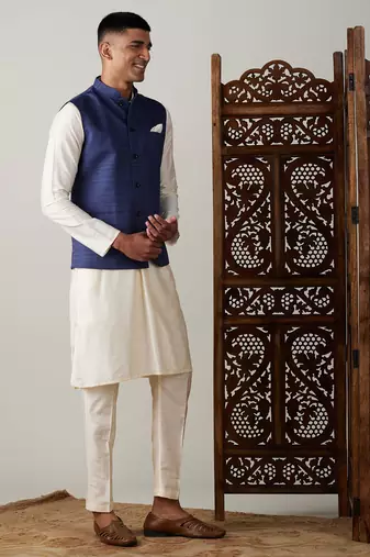 Blue And Cream Viscose Jacket, Kurta & Pyjama