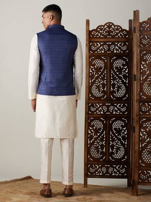 Blue And Cream Viscose Jacket, Kurta & Pyjama 3