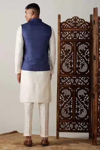 Blue And Cream Viscose Jacket, Kurta & Pyjama